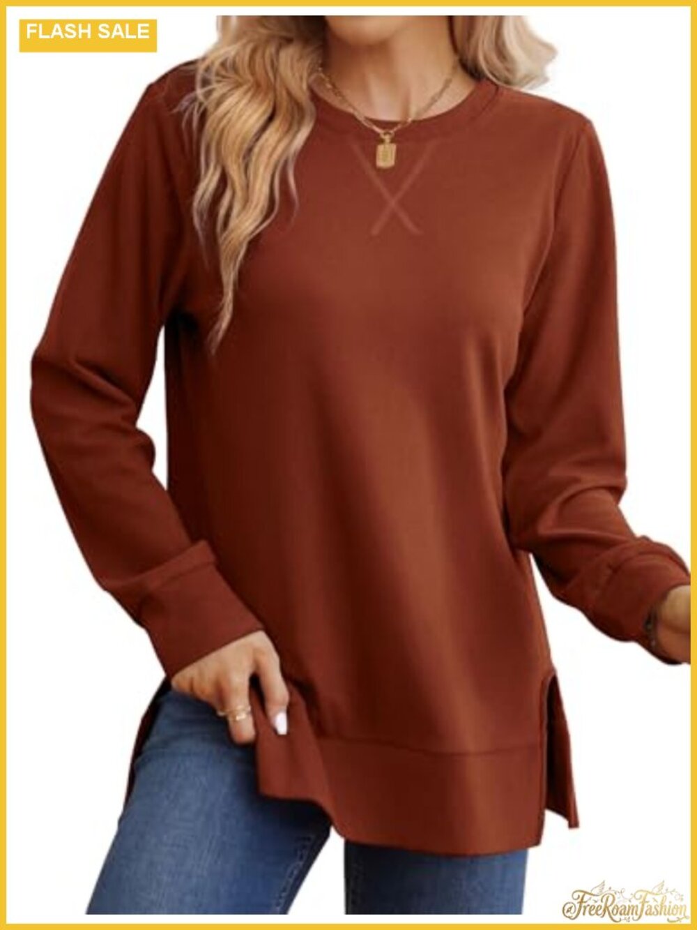 Relaxed Fit Long Sleeve Sweatshirt with Side Split Hem Casual Pullover